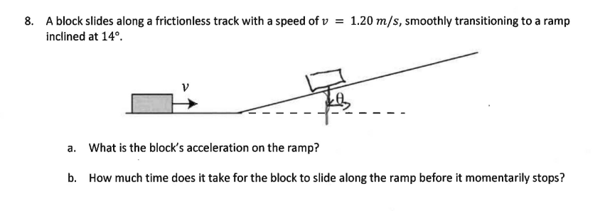 8 A Block Slides Along A Frictionless Track With A Speed Of V 1 20 M S Smoothly Transitioning To A Ramp Inclined At 1