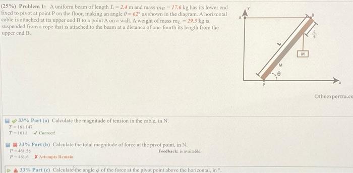 25 Problem 1 A Uniform Beam Of Length L 2 4 M And Mass Me 176 Kg Has Its Lower End Fixed To Pivot At Point On Th 1