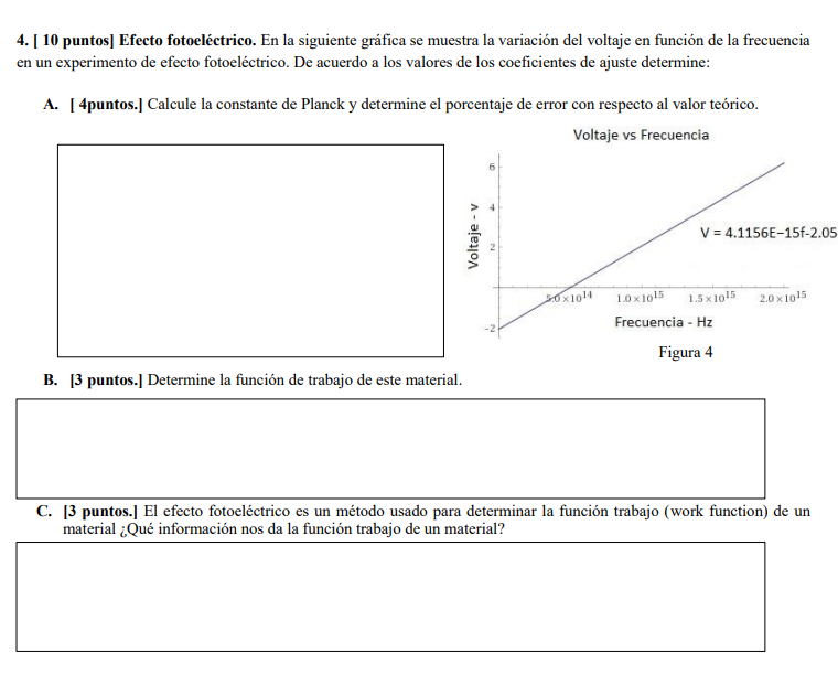 4 10 Puntos Efecto Fotoelectrico En La Siguiente Grafica Se Muestra La Variacion Del Voltaje En Funcion De La Frecue 1