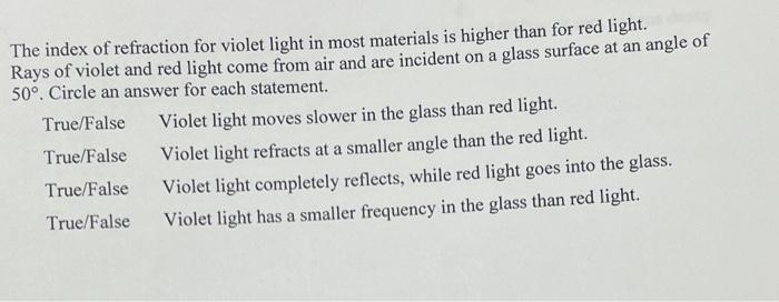 The Index Of Refraction For Violet Light In Most Materials Is Higher Than For Red Light Rays Of Violet And Red Light Co 1