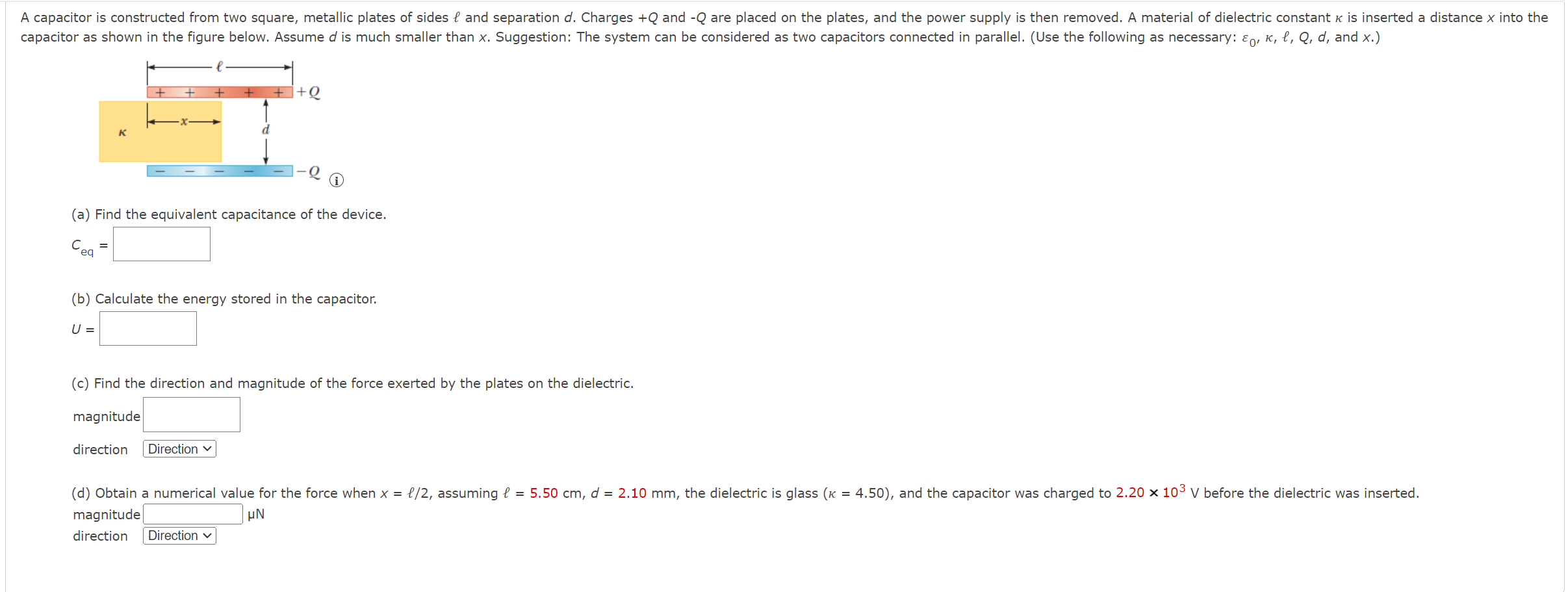 A Capacitor Is Constructed From Two Square Metallic Plates Of Sides And Separation D Charges Q And Q Are Placed On 1