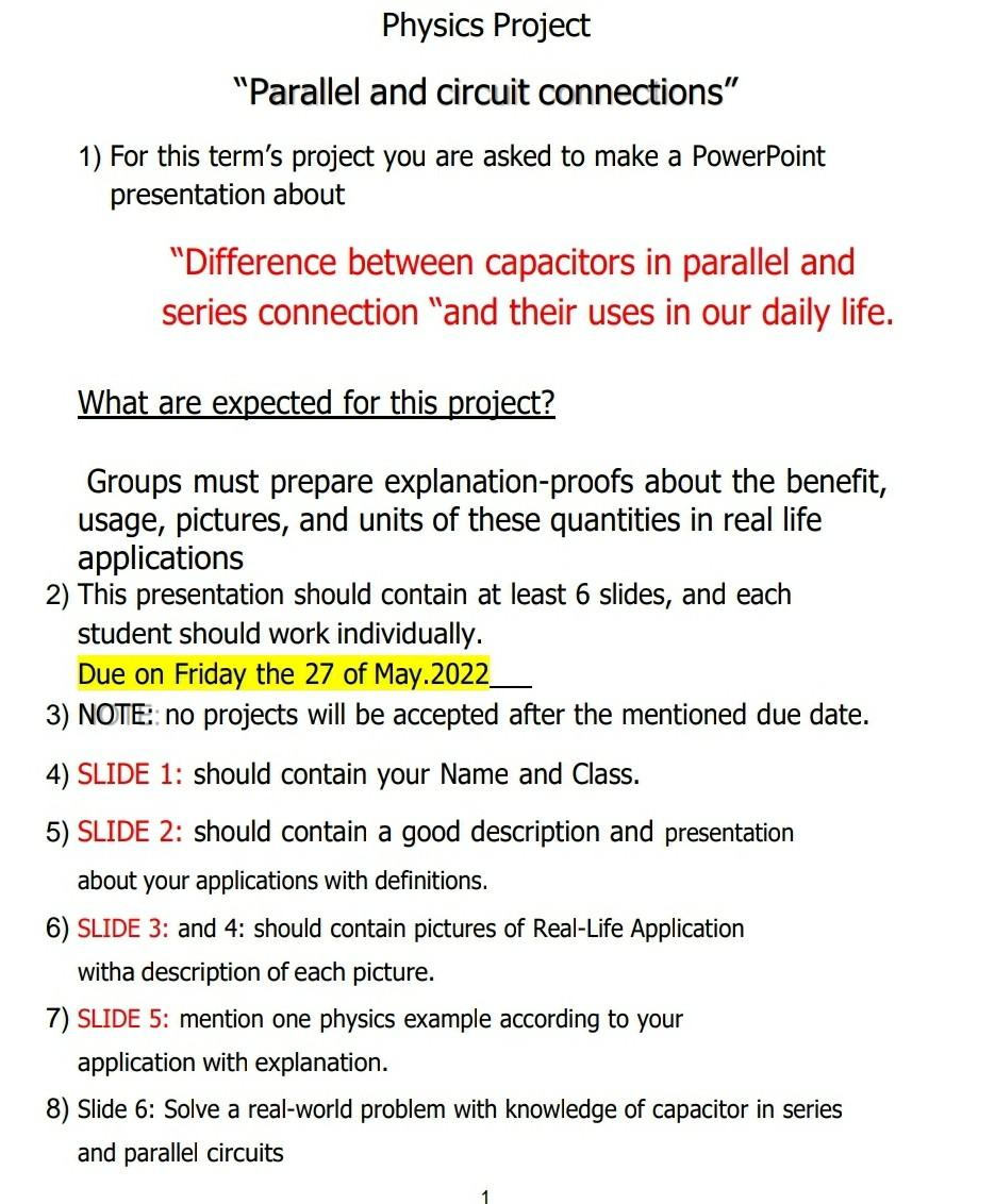 Physics Project Parallel And Circuit Connections 1 For This Term S Project You Are Asked To Make A Powerpoint Present 1