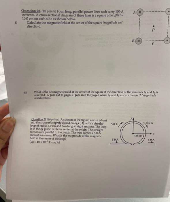 Ax Question 20 10 Points Four Long Parallel Power Lines Each Carry 100 A Currents A Cross Sectional Diagram Of Thes 1