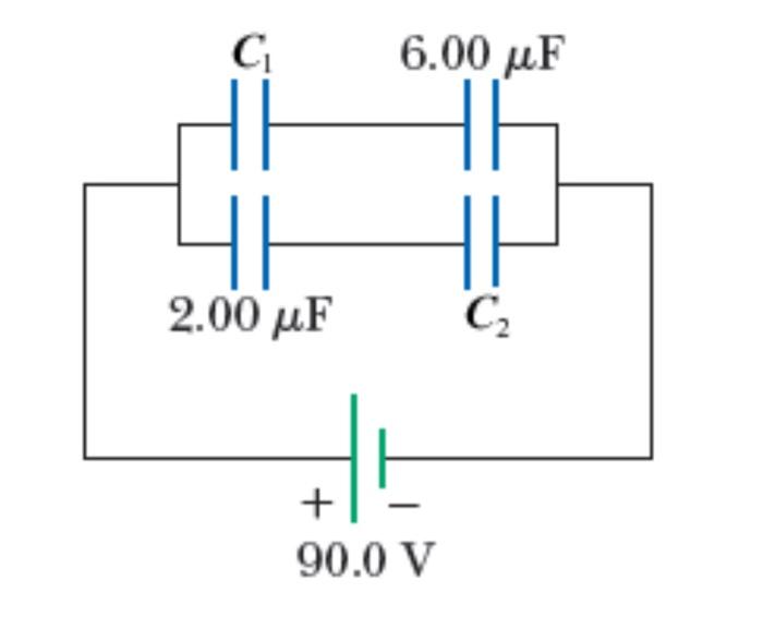 C1 1 00 Uf C2 3 00 Uf A Circuit Consists Of A 90 0 V Battery And Four Capacitors The Wire Begins At The Positive 2