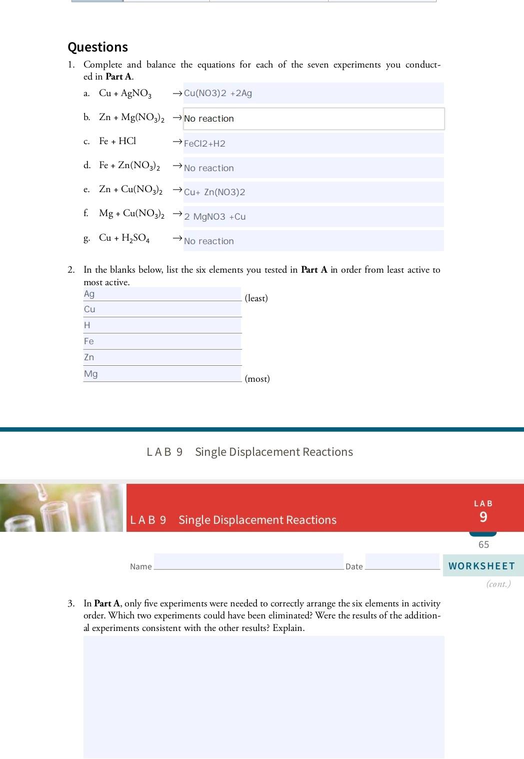Results Part A Activities Of Metals Record Your Observations For Each Reaction Or Non Reaction In Table 9 2 Indicate 2