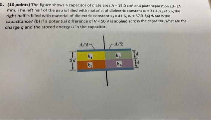 1 10 Points The Figure Shows A Capacitor Of Plate Area A 15 0 Cm And Plate Separation 2d 24 Mm The Left Half Of 1