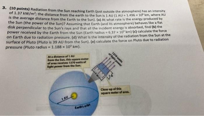 3 10 Points Radiation From The Sun Reaching Earth Just Outside The Atmosphere Has An Intensity Of 1 37 Kw Mthe Dist 1