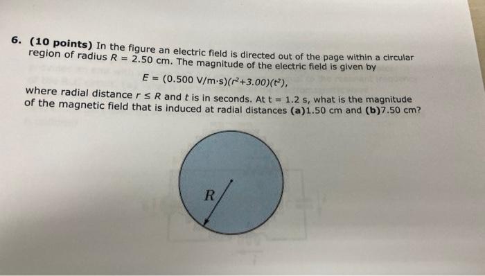 6 10 Points In The Figure An Electric Field Is Directed Out Of The Page Within A Circular Region Of Radius R 2 50 C 1