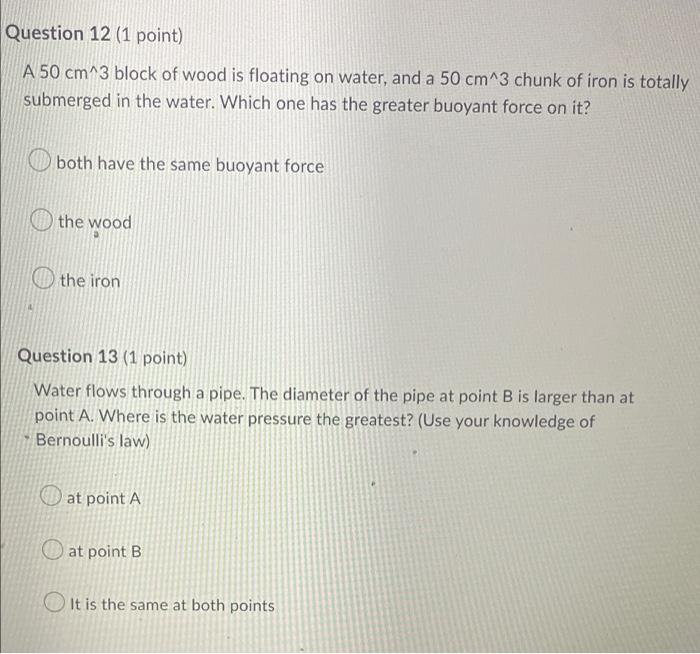 Question 12 1 Point A 50 Cm 3 Block Of Wood Is Floating On Water And A 50 Cm 3 Chunk Of Iron Is Totally Submerged In 1