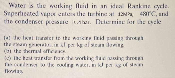 Water Is The Working Fluid In An Ideal Rankine Cycle Superheated Vapor Enters The Turbine At 12mpa 480 C And The Co 1