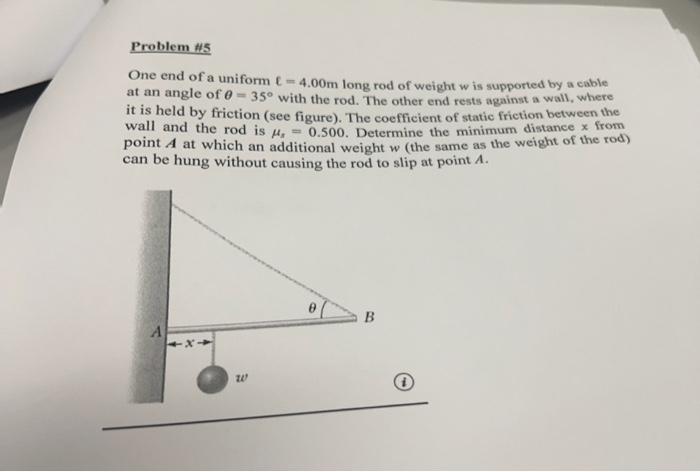 Problem 5 One End Of A Uniform 4 00m Long Rod Of Weight W Is Supported By A Cable At An Angle Of 0 35 With The Rod 1