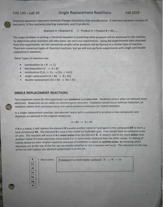 Che 145 Lab 10 Single Replacement Reactions Fall 2019 Chemical Equations Represent Chemical Changes Creactions That Ac 1