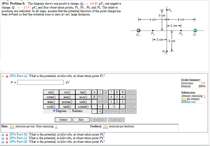 6 Problem 8 The Diagram Shows One Positive Charge Q 6 03 Cone Negative Charge Q 12 47 C And Four Observati 1