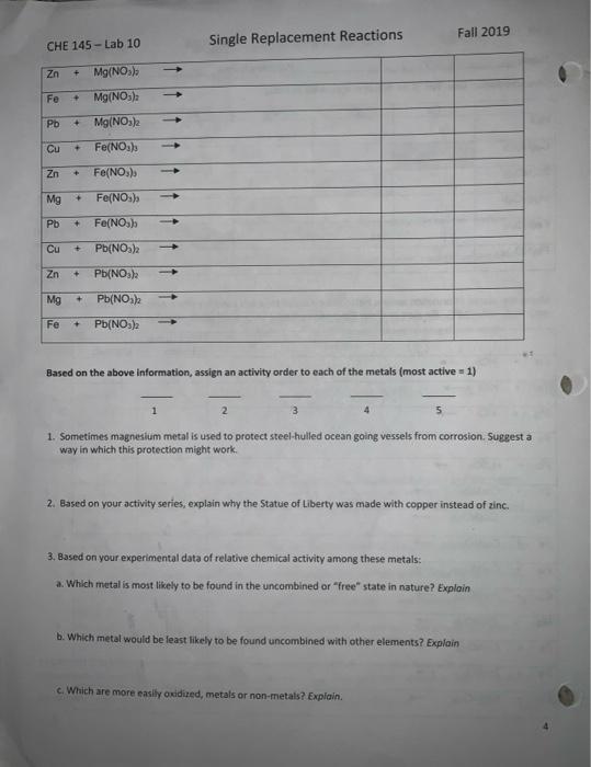 Che 145 Lab 10 Single Replacement Reactions Fall 2019 Chemical Equations Represent Chemical Changes Creactions That Ac 4