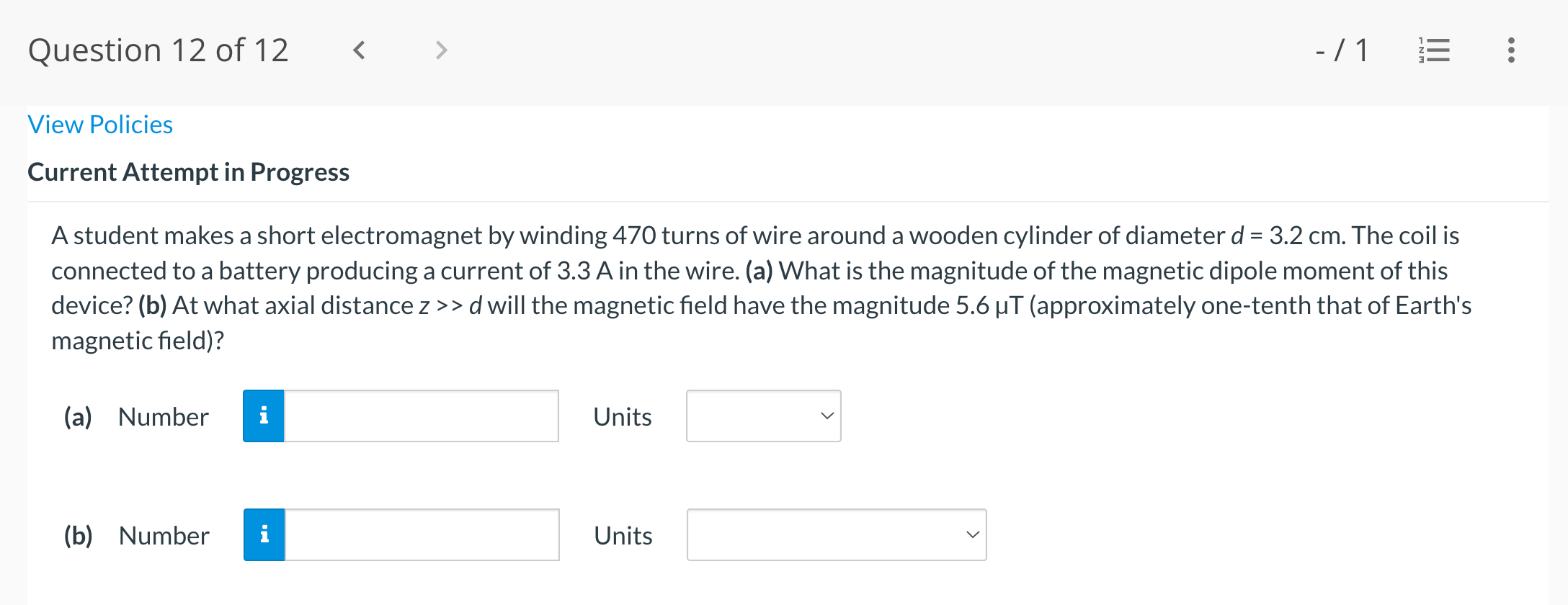 Question 12 Of 12 1 Iii View Policies Current Attempt In Progress A A Student Makes A Short Electromagnet By W 1