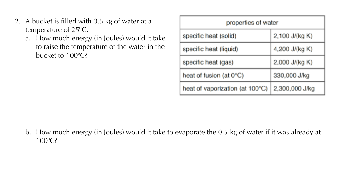 Properties Of Water 2 A Bucket Is Filled With 0 5 Kg Of Water At A Temperature Of 25 C A How Much Energy In Joules 1