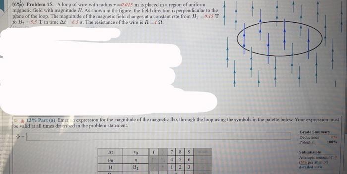 6 Problem 15 A Loop Of Wire With Radius R 0 015 M Is Placed In A Region Of Uniform Magnetic Field With Magnitude B 1