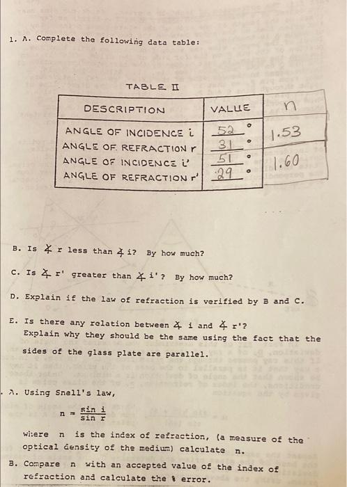 1 1 Complete The Following Data Table Table Ii Description Valle N O 1 53 O Angle Of Incidence I 52 Angle Of Refracti 2