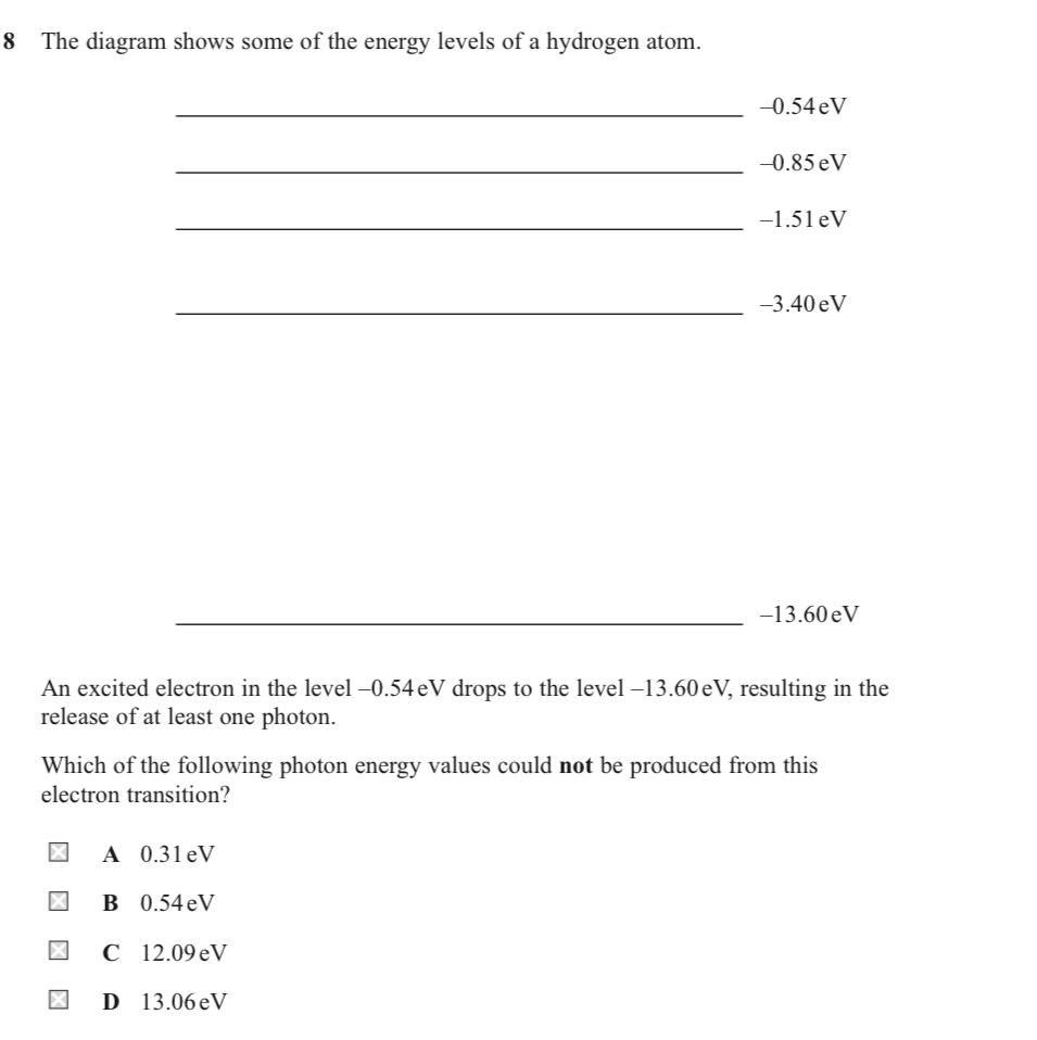 8 The Diagram Shows Some Of The Energy Levels Of A Hydrogen Atom 0 54 Ev 0 85 Ev 1 51 Ev 3 40 Ev 13 60 Ev An Excit 1
