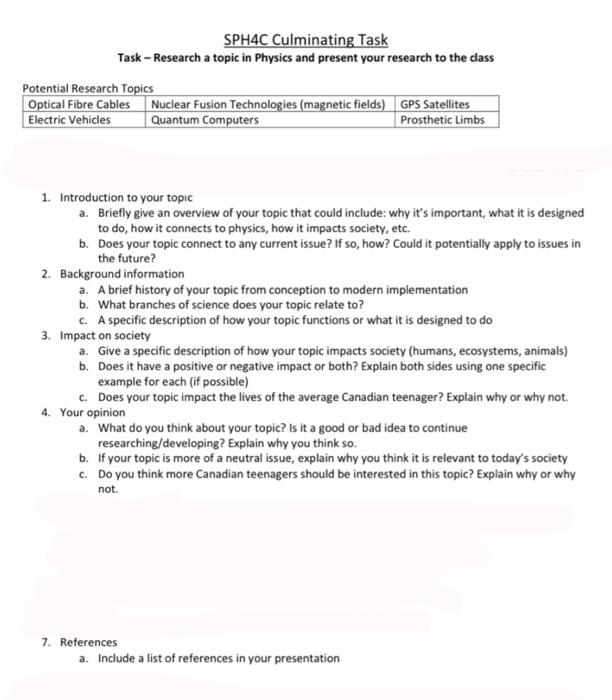 Sph4c Culminating Task Task Research A Topic In Physics And Present Your Research To The Class Potential Research Topi 1