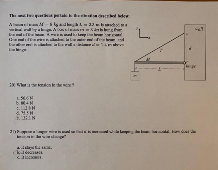 Wall The Next Two Questions Pertain To The Situation Described Below A Beam Of Mass M 8 Kg And Length L 2 3 M Is At 1