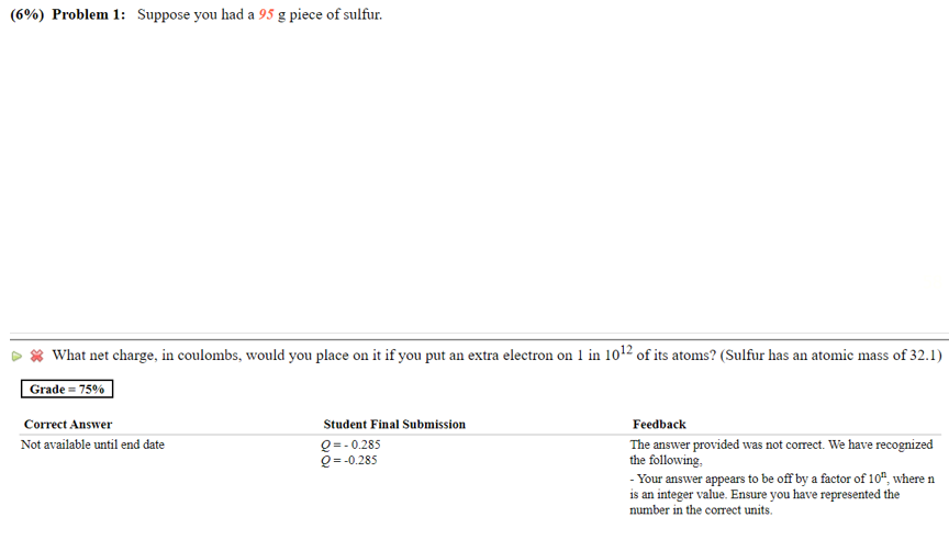 6 Problem 1 Suppose You Had A 95 G Piece Of Sulfur What Net Charge In Coulombs Would You Place On It If You Put A 1