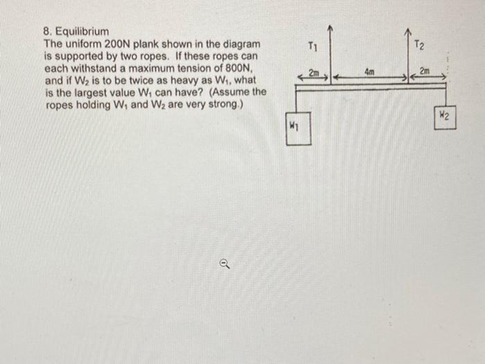 8 Equilibrium The Uniform 200n Plank Shown In The Diagram Is Supported By Two Ropes If These Ropes Can Each Withstand 1