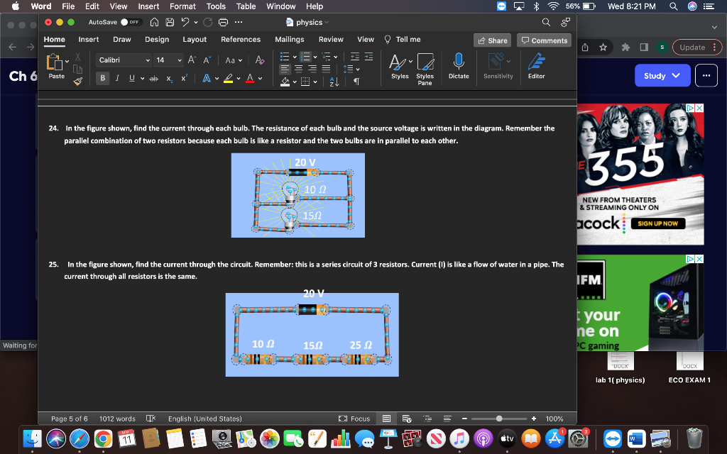 Format Tools Table 56 56 Wed 8 21 Pm Q Word File Edit View Insert Oo Autosave Off Window Help Physics Va A Home Ins 1