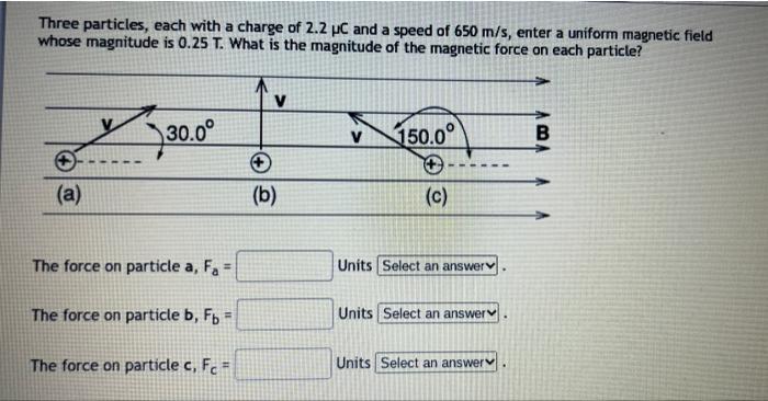 Three Particles Each With A Charge Of 2 2 C And A Speed Of 650 M S Enter A Uniform Magnetic Field Whose Magnitude Is 0 1