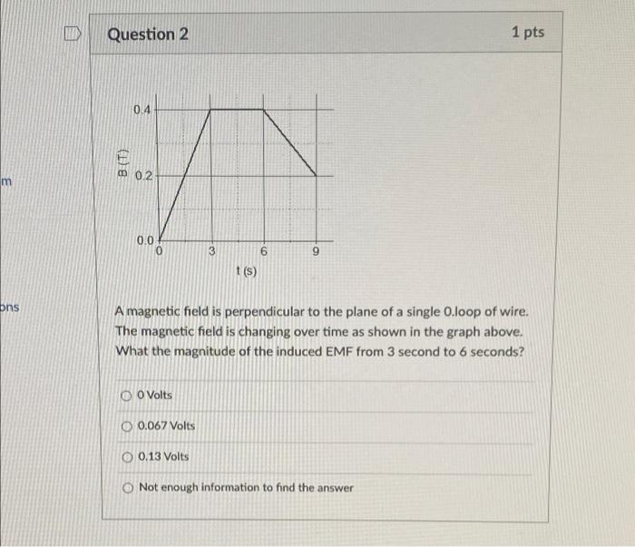 Question 1 1 Pts 0 4 G 0 2 0 0 0 3 6 9 T S A Magnetic Field Is Perpendicular To The Plane Of A Single Loop Of Wire The 2