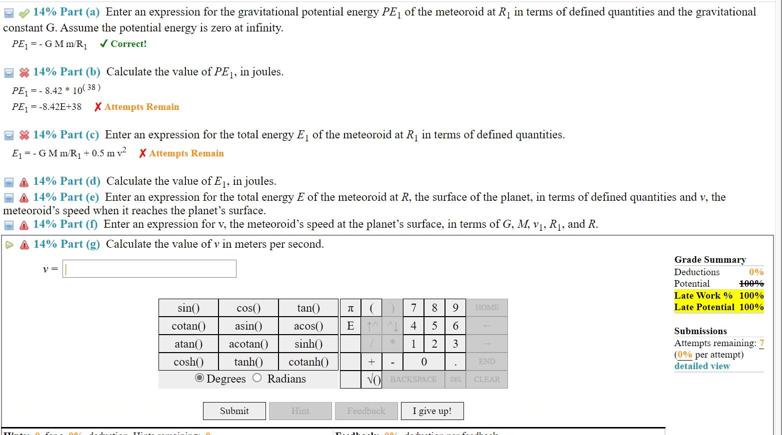 14 Part A Enter An Expression For The Gravitational Potential Energy Pe Of The Meteoroid At R In Terms Of Defined Qu 1