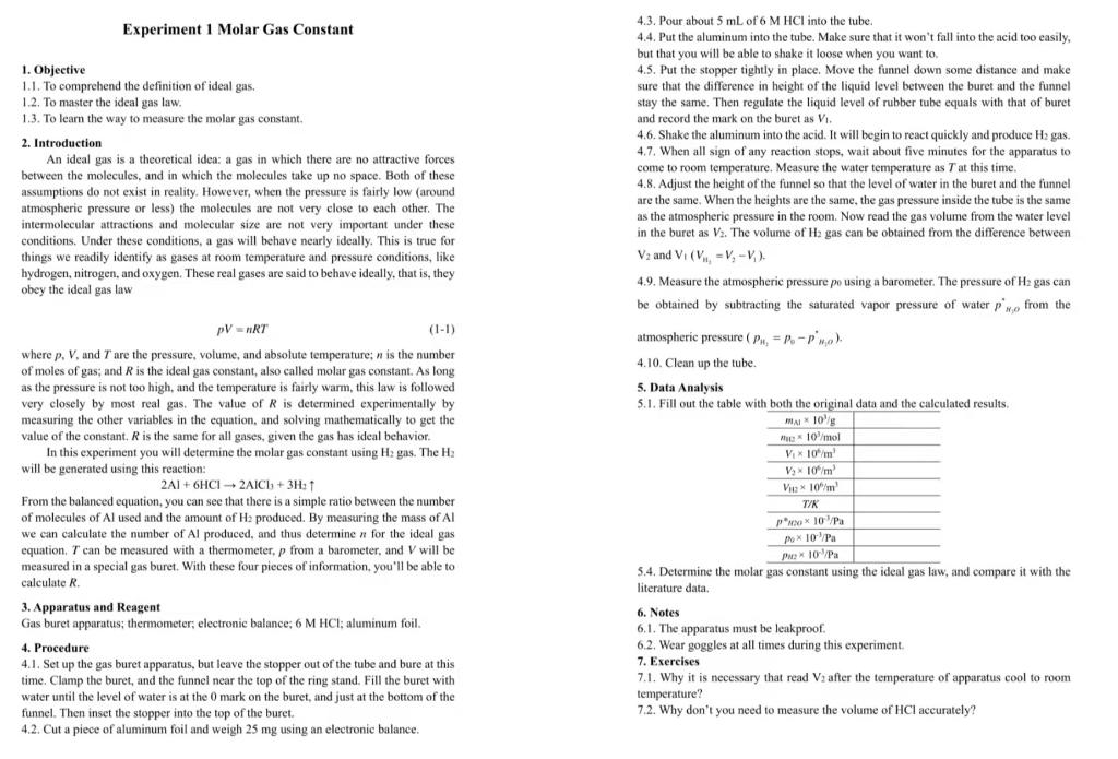 Experiment 1 Molar Gas Constant 1 Objective 1 1 To Comprehend The Definition Of Ideal Gas 1 2 To Master The Ideal Gas 1