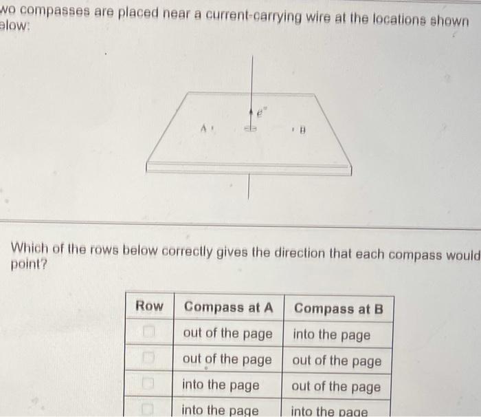 No Compasses Are Placed Near A Current Carrying Wire At The Locations Shown Low A Which Of The Rows Below Correctly Gi 1