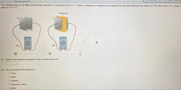 The Voltage Across An Air Led Parallelle Capacitor Is Measured To Be 213 00 When A Defecte De Rested And Completely Is 1
