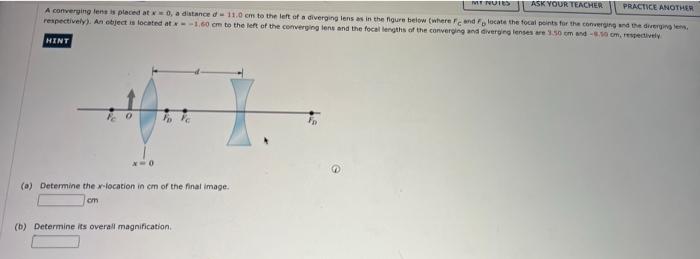 Mus Ask Your Teacher Practice Another A Converying Lens Is Placed At V0 A Distance 11 Em To The Left Of A Diverging 1