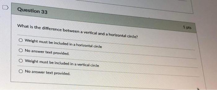 D Question 33 What Is The Difference Between A Vertical And A Horizontal Circle 1 Pts 0 Weight Must Be Included In A Ho 1