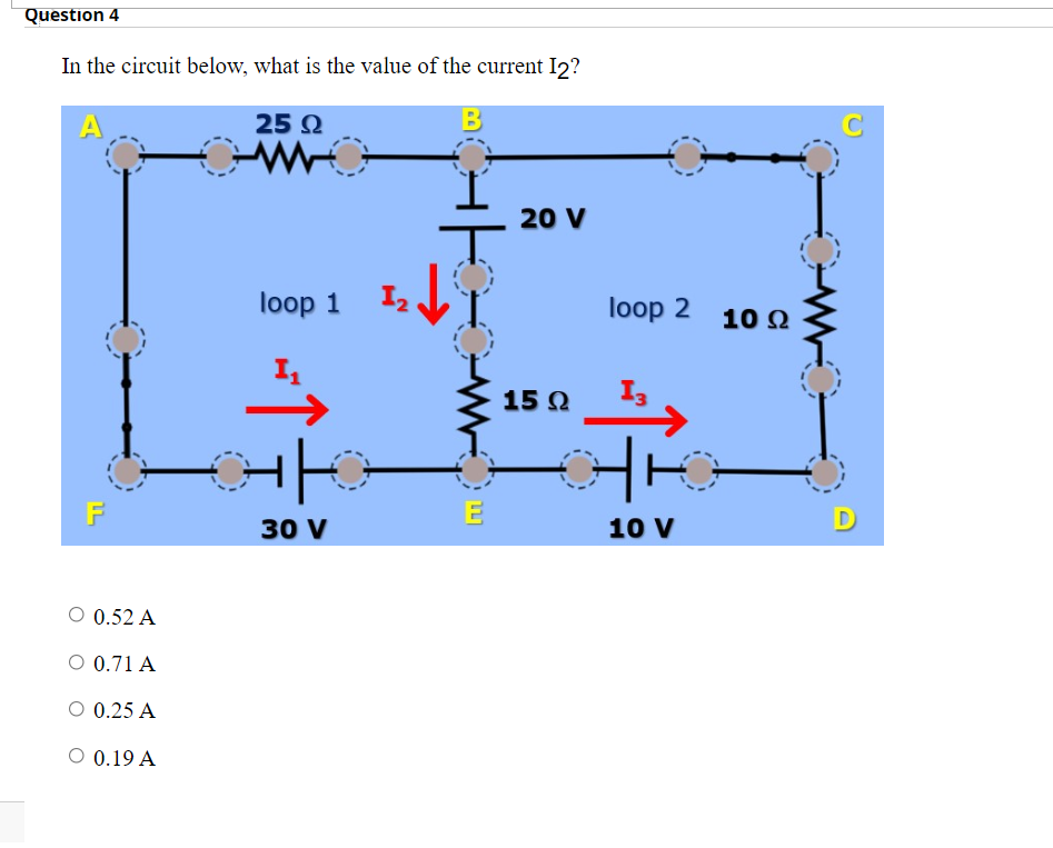 Question 4 In The Circuit Below What Is The Value Of The Current 12 A 25 2 B W Ie 20v Loop 1 12 1 Loop 2 1002 I 15 2 1 1