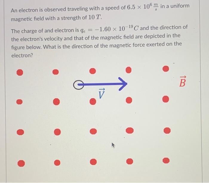An Electron Is Observed Traveling With A Speed Of 6 5 X 106 M In A Uniform Magnetic Field With A Strength Of 10 T The C 1