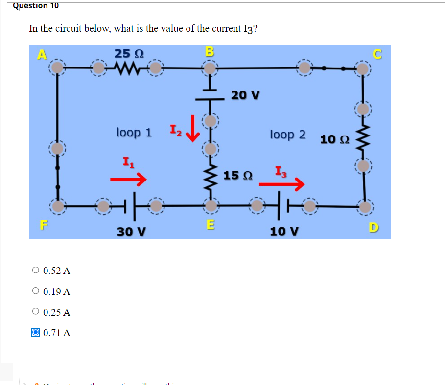 Question 10 In The Circuit Below What Is The Value Of The Current 13 A 25 2 C W 20v L Jy Ifi Loop 1 Loop 2 102 I 152 1