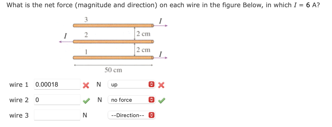 What Is The Net Force Magnitude And Direction On Each Wire In The Figure Below In Which I 6 A 1 1 2 2 Cm 2 Cm 1 50 1