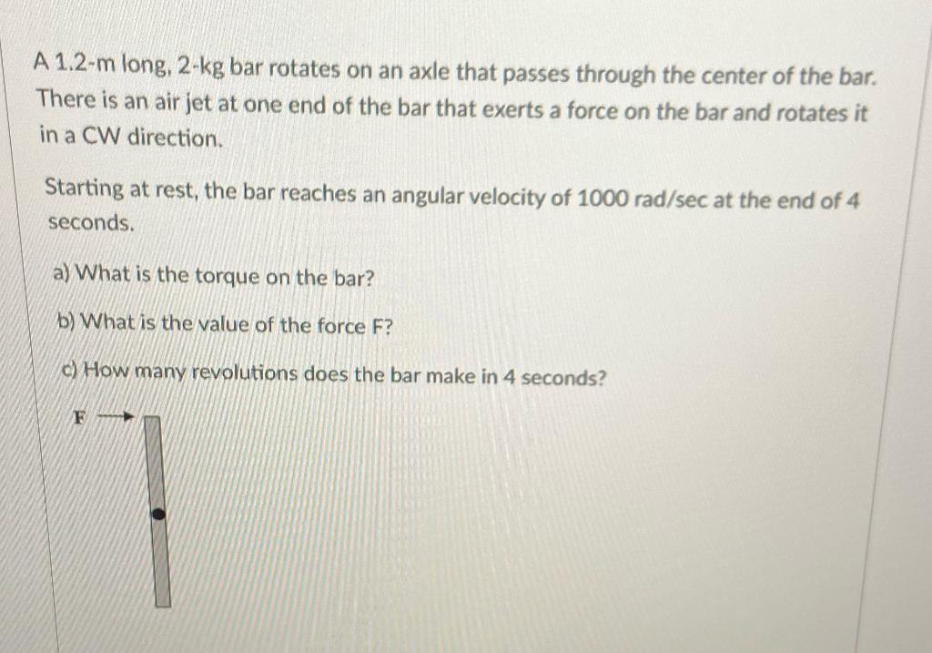 A 1 2 M Long 2 Kg Bar Rotates On An Axle That Passes Through The Center Of The Bar There Is An Air Jet At One End Of T 1