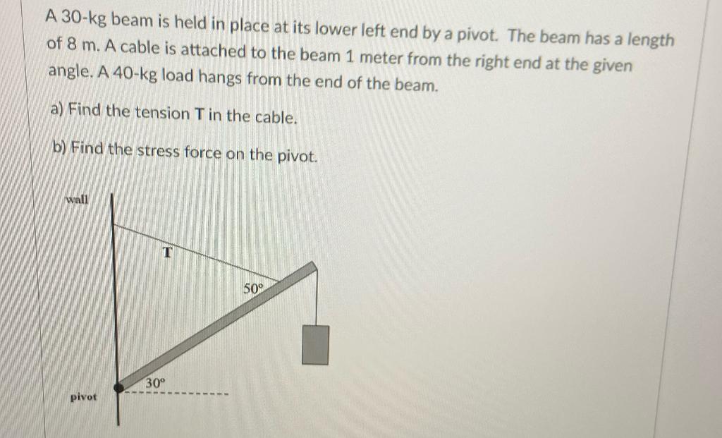A 30 Kg Beam Is Held In Place At Its Lower Left End By A Pivot The Beam Has A Length Of 8 M A Cable Is Attached To The 1