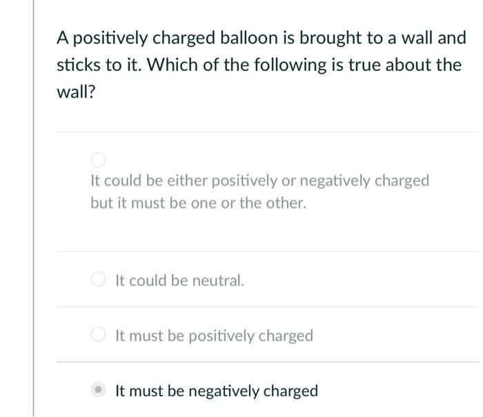 A Positively Charged Balloon Is Brought To A Wall And Sticks To It Which Of The Following Is True About The Wall It Co 1