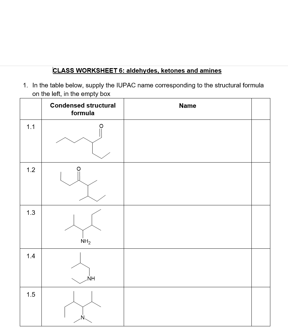 Class Worksheet 6 Aldehydes Ketones And Amines 1 In The Table Below Supply The Iupac Name Corresponding To The Struc 1