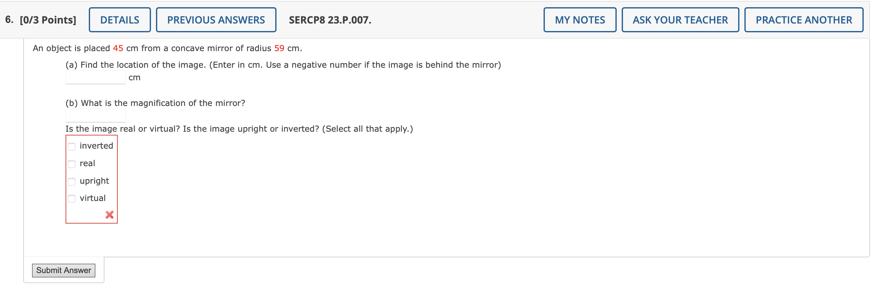 6 0 3 Points Details Previous Answers Sercp8 23 P 007 My Notes Ask Your Teacher Practice Another An Object Is Placed 1