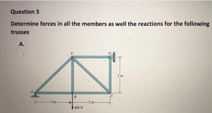Question 3 Determine Forces In All The Members As Well The Reactions For The Following Trusses A D 2 M A B 2 M 2 M 400 1
