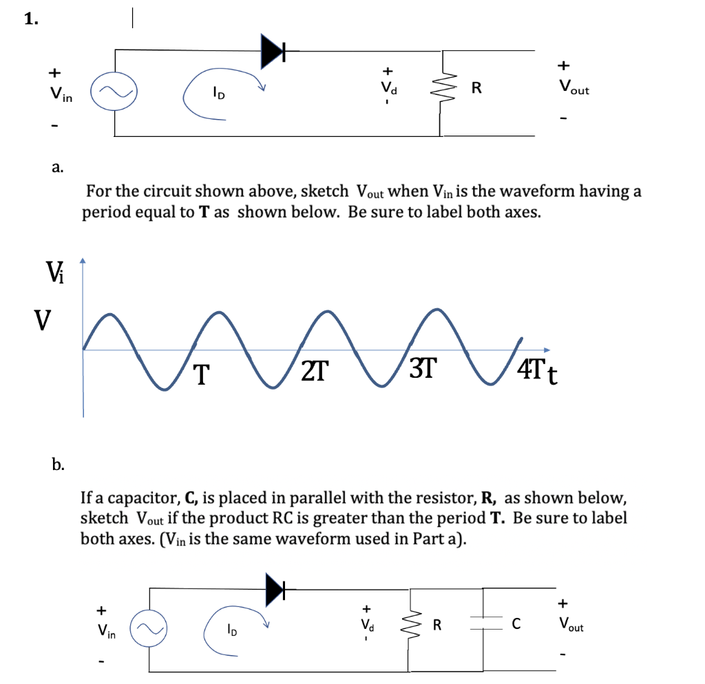 1 Vin Vd R 10 Vout M A For The Circuit Shown Above Sketch Vout When Vin Is The Waveform Having A Period Equal 1