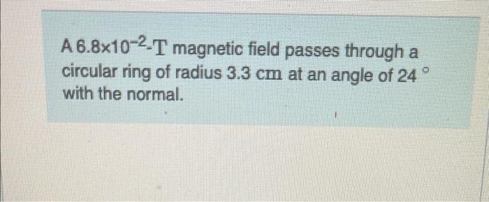 A 6 8x10 2 T Magnetic Field Passes Through A Circular Ring Of Radius 3 3 Cm At An Angle Of 24 With The Normal Find 1