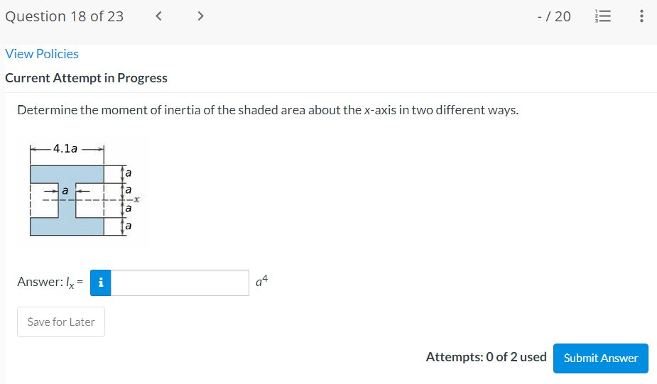 Question 18 Of 23 20 View Policies Current Attempt In Progress Determine The Moment Of Inertia Of The Shaded Ar 1