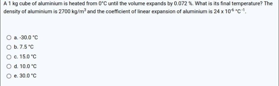 A 1 Kg Cube Of Aluminium Is Heated From 0 C Until The Volume Expands By 0 072 What Is Its Final Temperature The Dens 1